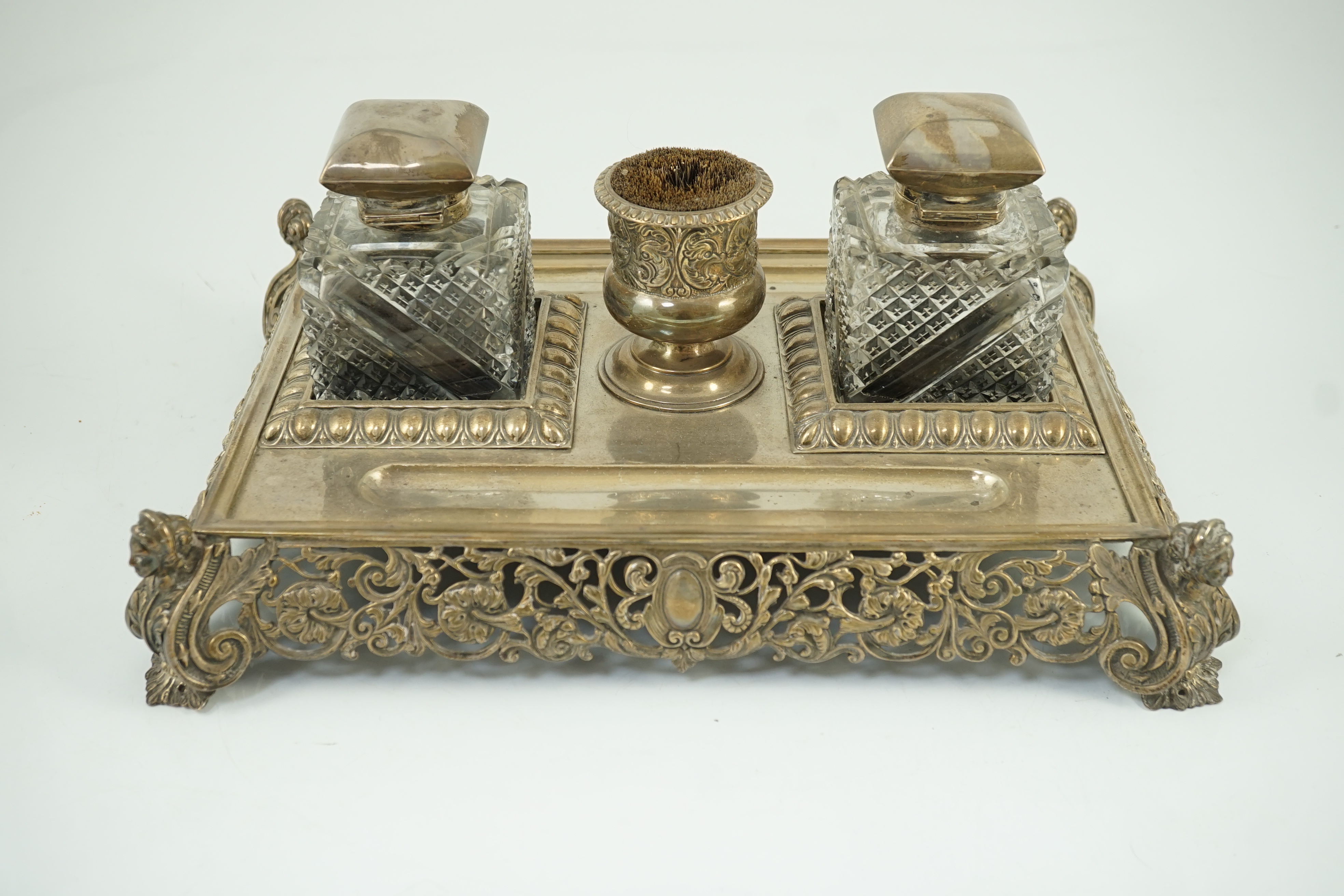 An ornate Edwardian silver rectangular inkstand, by Mappin & Webb